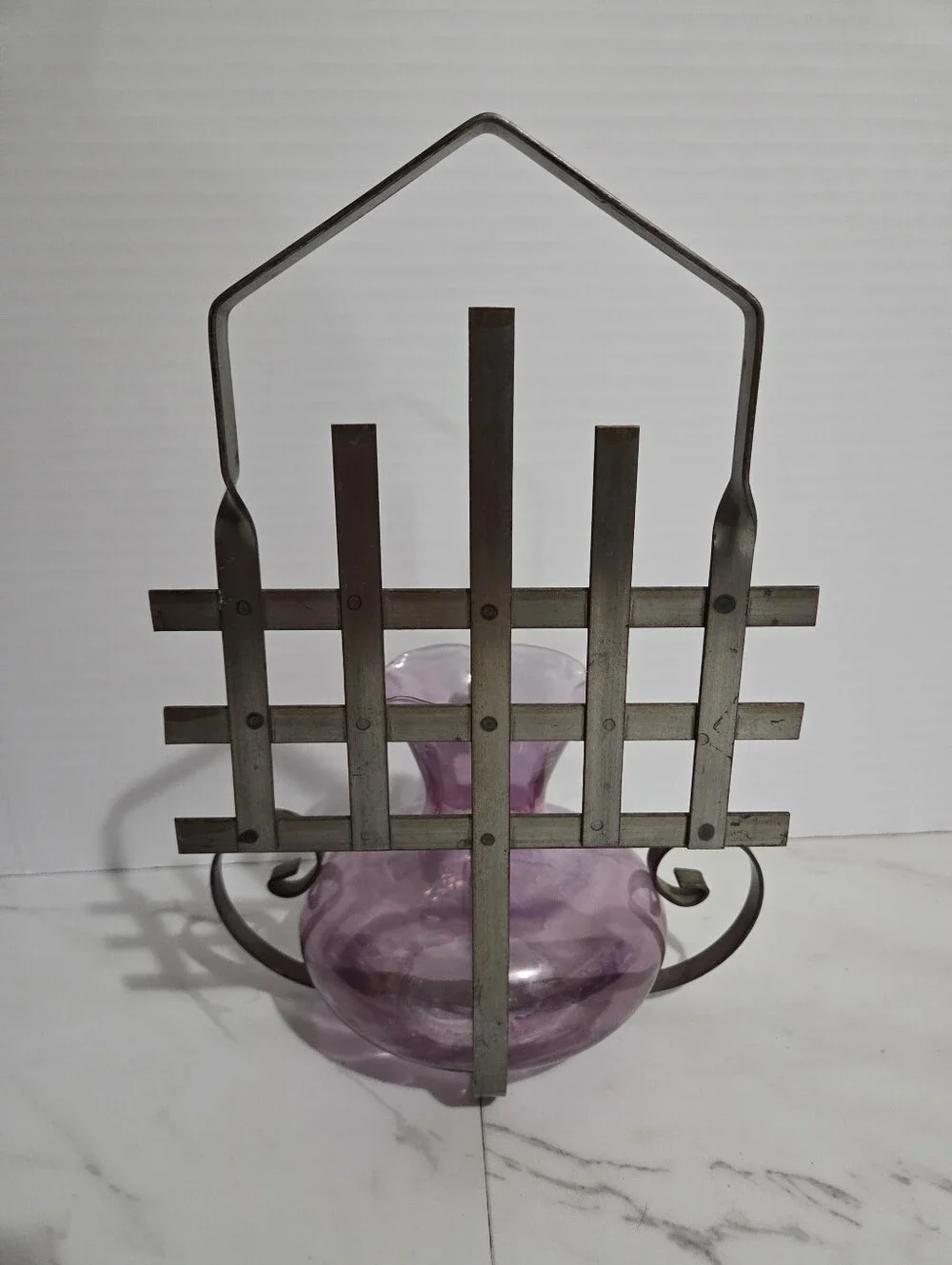 Vintage Amethyst Art Glass Wall Piece With Steel Scroll Wall Mount - 10x7.5